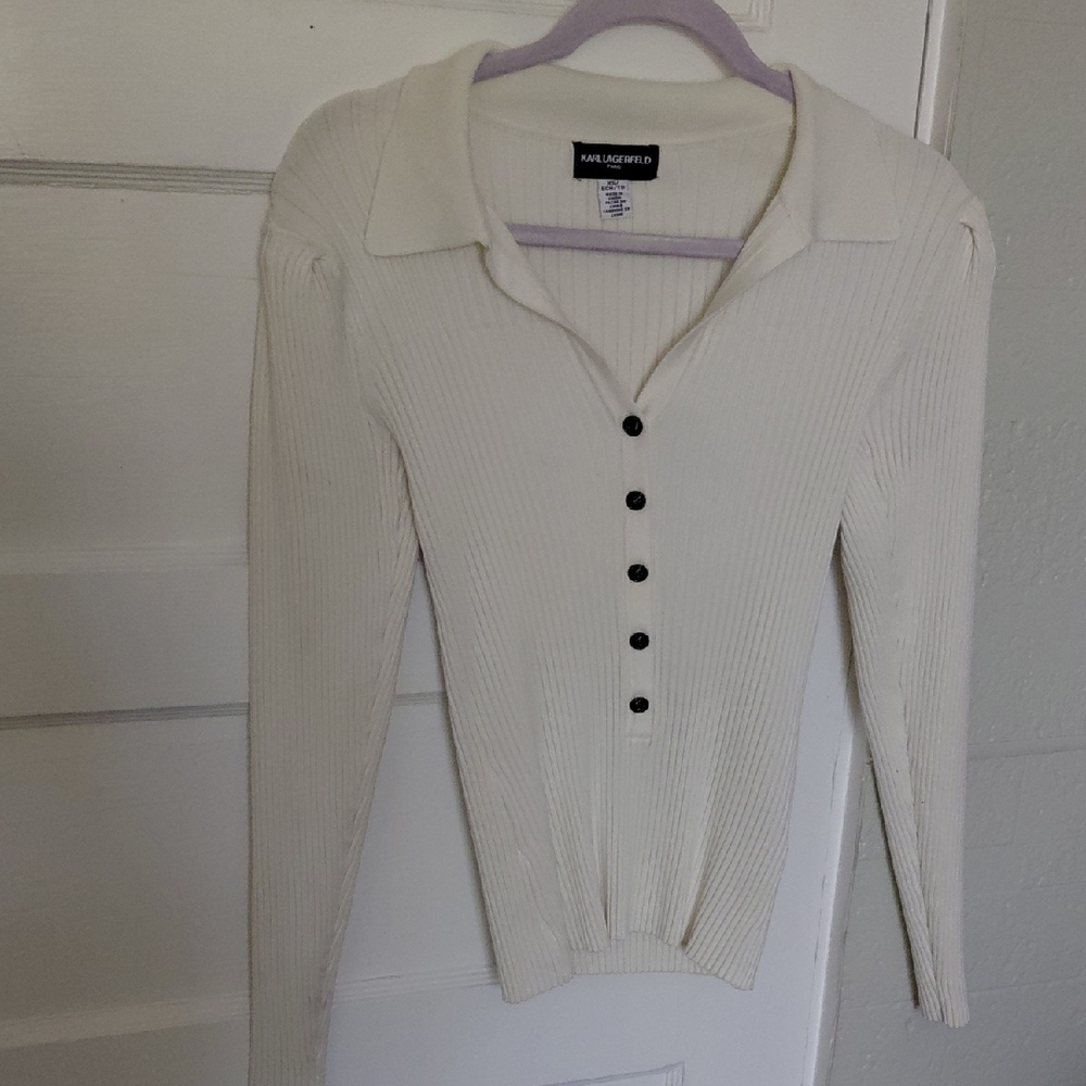 Karl Lagerfeld Ivory Ribbed Button-Down Shirt - Picture 2 of 5